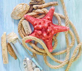 蓝色背景的海壳绑扎异国框架海洋收藏木头蓝晶星星贝类墙纸图片