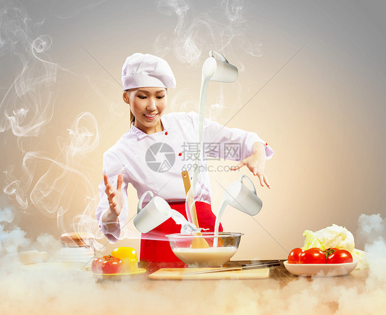 亚洲女性用魔法烹饪食物胡椒牛奶蔬菜饮食帽子手指魅力面粉女士图片