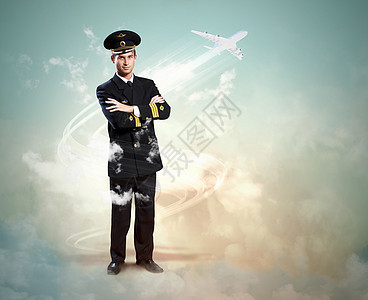 男性飞行员形象蓝色航空天空帽子客机飞机场航班男人运输旅行图片