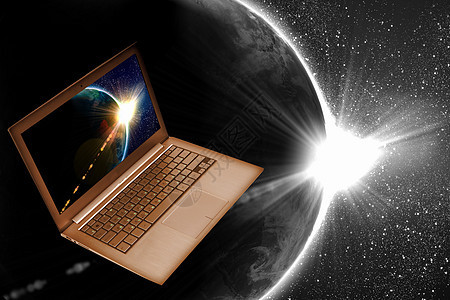 笔记本和地球键盘展示屏幕监视器导航数字化旅行全世界互联网电脑图片