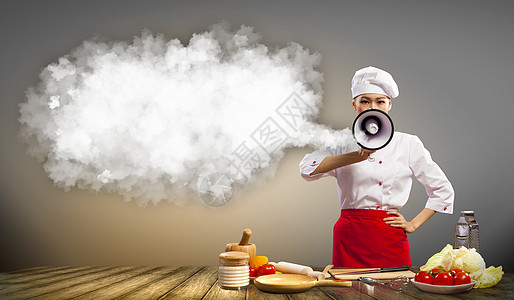 亚洲女性厨师 手持扩音器女士女孩蔬菜帽子胡椒牛奶杯子沙拉面粉空气图片