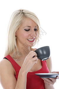 妇女饮杯茶女士金发女郎咖啡头发白色饮料图片