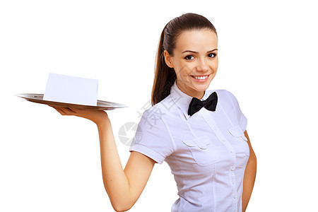 年轻女服务员 带空托盘服务食物奢华围裙男人微笑酒店女性餐饮玻璃图片
