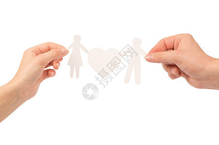 白背景上孤立的手持纸状家庭妻子父亲女儿丈夫童年男人雕刻手指女孩孩子图片