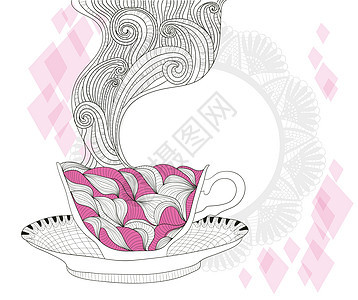 咖啡杯和茶杯 带有抽象的涂鸦图案背景图片