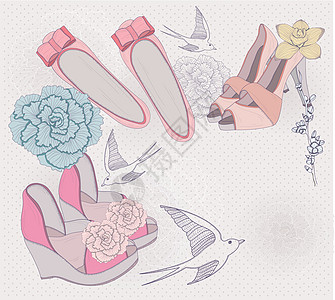 时装鞋插图 有时装鞋子 鲜花和鸟类的背景 请柬或生日卡图片