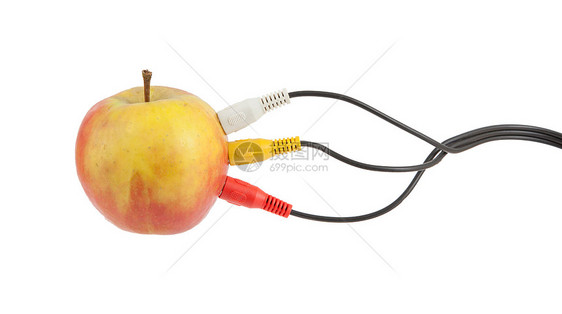 苹果上的音频视频电缆白色水果食物收费红色绿色老鼠电子电路营养图片