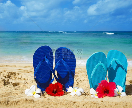 沙沙沙滩的滑坡凉鞋假期拖鞋阳光花朵鸡蛋花热带地点木槿海洋图片