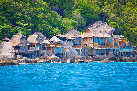 传统村小屋钓鱼热带海洋渔夫港口蓝色码头海滩房子图片