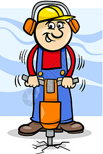 充气锤子具有充气锤卡通的工人锤子地面气锤工作服体力劳动者漫画耳朵插图头盔工作插画