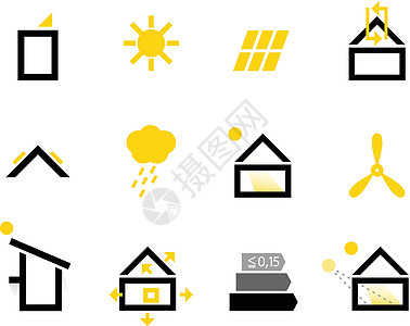 白色(黑色和黄色)上孤立的被动房屋图标图片