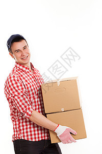 带棕色盒子的英俊年轻快递员就业纸盒磁带邮政职业平方运输衬衫纸板工作图片