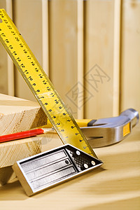 木制表格上的工具工艺作品工作素描方尺角钢木工乐器铅笔测量图片