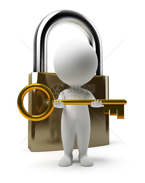 3D小人锁和钥匙金属密码开锁储物柜锁匠入口金子白色图片