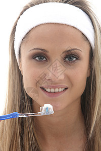 女青年洗刷牙的女子女士口服乐队刷子牙刷打扫金发女郎头发卫生白色图片