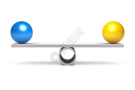 蓝色和黄色球商业力量跷跷板经济圆形概念重量测量财富领导背景图片