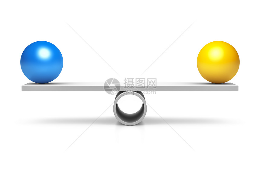 蓝色和黄色球商业力量跷跷板经济圆形概念重量测量财富领导图片