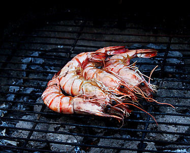 烧烤炉上的大虾烹饪海鲜炙烤木炭海洋营养贝类美食老虎烧烤图片