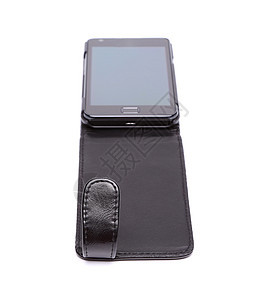 手机在白色上被隔离时使用电话字母皮革纽扣护套案件图片