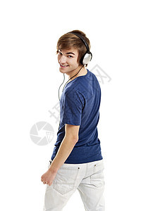 听音乐青年白色手机幸福青少年成人微笑耳机男性享受图片