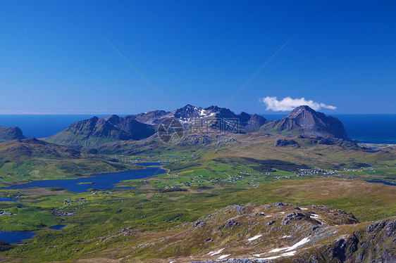 lofoten 宝箱晴天风景全景海岸线农村山脉峡湾草原牧场湖泊图片