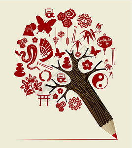 中国传统  铅笔树  概念艺术品卡通片扇子教育学校环境团体插图草图草稿图片