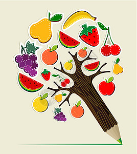 健康食品概念铅笔树学校插图橙子食物缝纫果汁树干水果美食学习图片