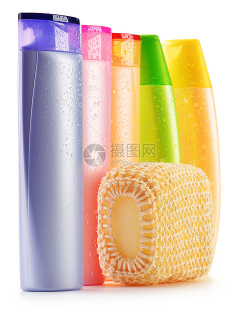 身体护理和美容产品的塑料瓶及化学品收藏头发皮肤肥皂毛巾液体香水瓶子团体图片
