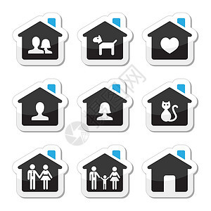 家 家庭矢量图标集主妇徽章父母财产标签阴影插图居住机构蓝色图片