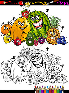 书和水果彩色书的卡通水果组菠萝吉祥物卡通片水果填色本收藏西瓜石榴插图覆盆子设计图片