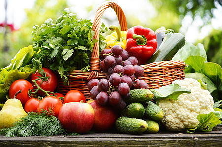 花园菜篮中维杰篮子中的新鲜有机蔬菜桌子黄瓜茄子饮食收成杂货店菜花柳条水果香菜图片