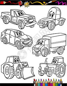 用于彩色书籍的卡通汽车填色运输货车玩具送货卡车机器人物越野车交通图片