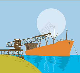 装载货船的起重机海洋货物港口插图码头背景图片