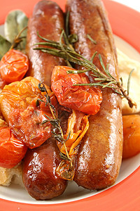 香肠和番茄面包用餐地面饮食午餐美味迷迭香草药烹饪味道美食图片