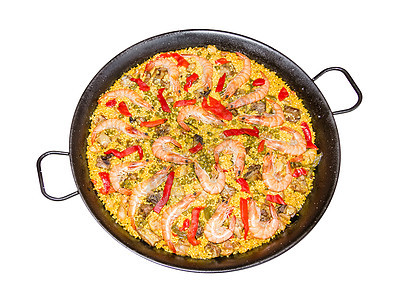 传统的西班牙烤肉锅里煮熟的黄色香料海鲜饭红色胡椒盘子藏红花蔬菜贝类对虾图片