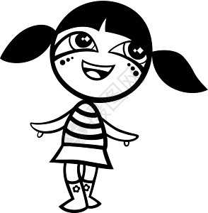 卡通Kawaii女孩彩色页面染色白色黑发卡通片黑色微笑孩子快乐插图填色本图片