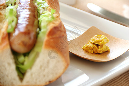 配芥末热狗营养午餐托盘味道烹饪硬皮猪肉面包小吃包子图片