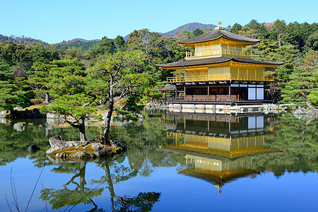 日本京都金宫寺庙金殿建筑学花园反射地标金子历史旅行池塘松树文化图片