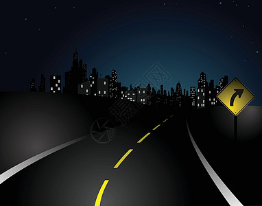 城市道路风景夜里驾车进城插画