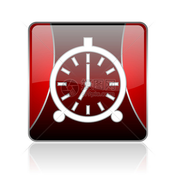 红色闹钟红色方形 Web 闪亮的图标黑色手表计时器白色标识互联网塞子历史警报按钮图片