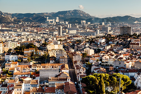 马赛市和山丘的空中观察背景 法郎国家旅行阳光城市旅游景观住宅风景历史蓝色图片