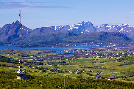 挪威晴天草原山峰乡村草地海岸线山脉牧场峡湾全景图片