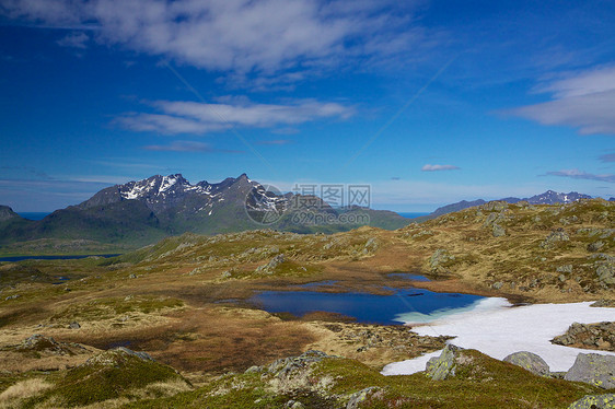 洛弗顿景观湖泊全景雪峰风景山脉山峰蓝色晴天图片