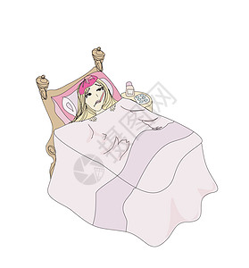 关于一名生病女孩躺在床上的插图孩子涂鸦高温病床局限卡通片温度计手绘发烧住院图片