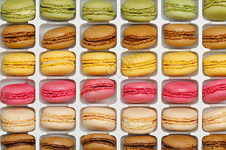 色彩多彩的马卡龙蛋糕食物糖果饼干白色奶油甜点糕点美食盒子图片