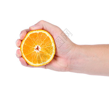 手捏着成熟的多汁橙子压力食物饮料早餐果汁液体白色力量水果工作室图片