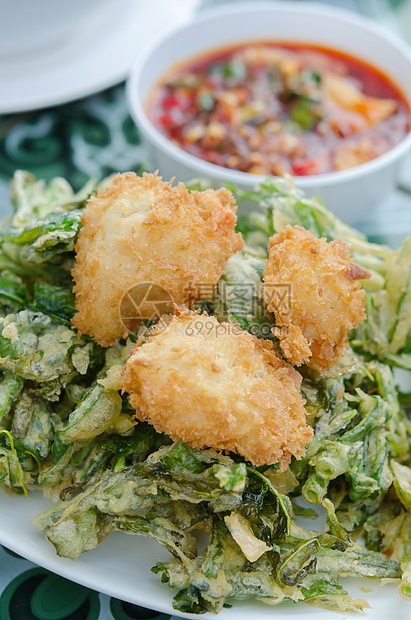 饭美食黄色海鲜食物面包屑白色油炸蔬菜图片