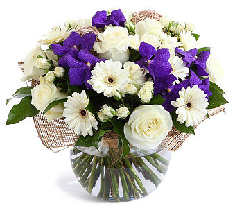 花朵以玻璃形式组成 透明花瓶 白玫瑰 紫兰花图片