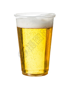 一次性塑料杯中的金啤酒或啤酒液体饮料杯子泡沫丢弃琥珀色草稿气泡工作室安全图片