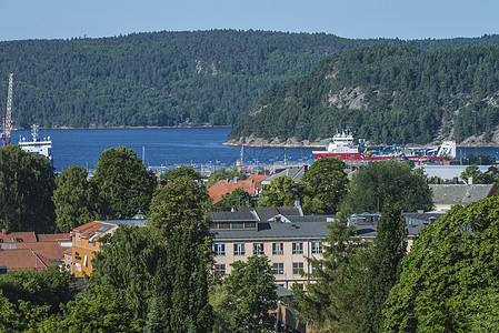 视图 以至 halden 端口城市商品货轮货物蓝色出口贸易建筑学海岸血管图片